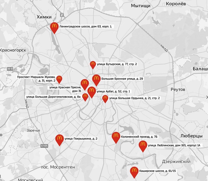Карта с адресами новых Макдональдсов в Москве
